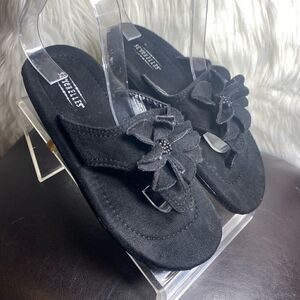 Seychelles Leather Wedge Thong Black Suede Sandal Women's Flower Size 7.5